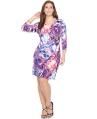 Illuminate your career style with Calvin Klein's three-quarter sleeve plus size dress, outlined by a slenderizing faux wrap design. (Clearance) Illuminate your career style with Calvin Klein's three-quarter sleeve plus size dress, outlined by a slenderizing faux wrap design. (Clearance)