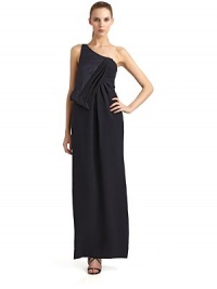 THE LOOKAsymmetrical necklineOne-shoulder strapSemi-sheer, asymmetrical front flap with satin ribbon trimPleating at front waistBack zip with hook-and-eye closureVent in back hemTHE FITAbout 59 from shoulder to hemTHE MATERIALSilkSilk liningCARE & ORIGINDry cleanMade in ItalyModel shown is 5'10½ (179cm) wearing US size 4. THE LOOKAsymmetrical necklineOne-shoulder strapSemi-sheer, asymmetrical front flap with satin ribbon trimPleating at front waistBack zip with hook-and-eye closureVent in back hemTHE FITAbout 59 from shoulder to hemTHE MATERIALSilkSilk liningCARE & ORIGINDry cleanMade in ItalyModel shown is 5'10½ (179cm) wearing US size 4.