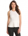 Rebecca Taylor Women's Ponte Silk Eyelet Demi Peplum Top, Cream, 2