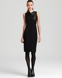 Venture to fashion's dark side in a sleek Halston Heritage dress punctuated with pleated leather trim for unquestionably daring and dramatic look. Venture to fashion's dark side in a sleek Halston Heritage dress punctuated with pleated leather trim for unquestionably daring and dramatic look.