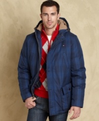 Load up on great winter style with this plaid parka from Tommy Hilfiger. Load up on great winter style with this plaid parka from Tommy Hilfiger.