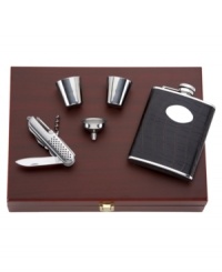 Beautifully crafted in stainless steel with faux leather accents, this well-appointed barware set from Gorham makes a fantastic gift for those who appreciate fine liquors. With a handsome wooden box for easy storage. Beautifully crafted in stainless steel with faux leather accents, this well-appointed barware set from Gorham makes a fantastic gift for those who appreciate fine liquors. With a handsome wooden box for easy storage.
