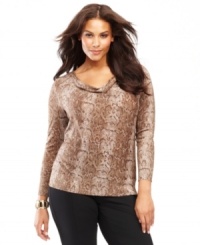 The season's favorite print, snakeskin, makes a dramatic appearance on INC's boatneck plus size sweater. A touch of metallic shine makes this piece perfect for day-to-night dressing. (Clearance) The season's favorite print, snakeskin, makes a dramatic appearance on INC's boatneck plus size sweater. A touch of metallic shine makes this piece perfect for day-to-night dressing. (Clearance)