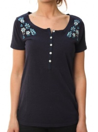 Lucky Brand Women's Embroidered Half Button Down SS Blouse Navy Blue Lucky Brand Women's Embroidered Half Button Down SS Blouse Navy Blue