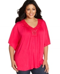 An embellished neckline spotlights NY Collection's butterfly sleeve plus size top-- it's an Everyday Value! An embellished neckline spotlights NY Collection's butterfly sleeve plus size top-- it's an Everyday Value!