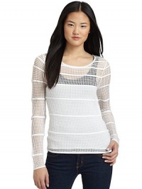 THE LOOKTexture stripe designOpen-weave patternFront contrast underlaySemi-sheer backLong sleevesTHE FITAbout 23 from shoulder to hemTHE MATERIAL63% viscose/37% nylonCARE & ORIGINDry cleanImportedModel shown is 5'11 (180cm) wearing US size Small.Please note: Tank top sold separately. THE LOOKTexture stripe designOpen-weave patternFront contrast underlaySemi-sheer backLong sleevesTHE FITAbout 23 from shoulder to hemTHE MATERIAL63% viscose/37% nylonCARE & ORIGINDry cleanImportedModel shown is 5'11 (180cm) wearing US size Small.Please note: Tank top sold separately.