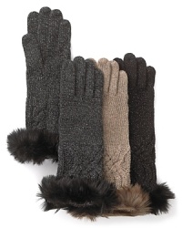 Lauren Ralph Lauren lends sophistication to these sparkly knit gloves by adding a luxe faux fur cuff. Lauren Ralph Lauren lends sophistication to these sparkly knit gloves by adding a luxe faux fur cuff.