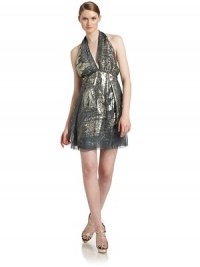 THE LOOKMetallic detailsV-neck halter with snap closureSleevelessEmpire waistLow backBack zip closureTHE FITAbout 35 from shoulder to hemTHE MATERIAL74% silk/26% polyesterSilk linedCARE & ORIGINDry cleanMade in ItalyModel shown is 5'10 (177cm) wearing US size 4. THE LOOKMetallic detailsV-neck halter with snap closureSleevelessEmpire waistLow backBack zip closureTHE FITAbout 35 from shoulder to hemTHE MATERIAL74% silk/26% polyesterSilk linedCARE & ORIGINDry cleanMade in ItalyModel shown is 5'10 (177cm) wearing US size 4.