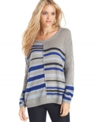 Uneven stripes add an unexpected touch to this relaxed-fit sweater from DKNY Jeans. It's perfect with skinny jeans or leggings. Uneven stripes add an unexpected touch to this relaxed-fit sweater from DKNY Jeans. It's perfect with skinny jeans or leggings.