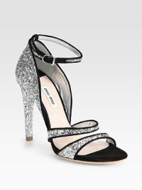 Glitter and suede style with an adjustable ankle strap. Glitter heel, 4 (100mm)Glitter and suede upperLeather and suede liningLeather solePadded insoleMade in Italy