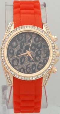 Mark Naimer Animal Trend Leopard Print Watch Rhinestone on Bezel Rose Gold Case N Red Rubber Band
