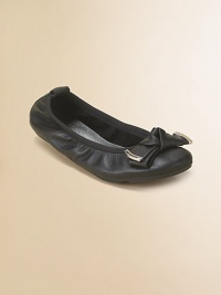 Simple and graceful flats in supple leather with a comfy elastic edge are worthy of any ballerina.Leather upperPull-on elastic edgingKnot bow front detailTab at ankleLeather liningComposite rubber soleImported Simple and graceful flats in supple leather with a comfy elastic edge are worthy of any ballerina.Leather upperPull-on elastic edgingKnot bow front detailTab at ankleLeather liningComposite rubber soleImported