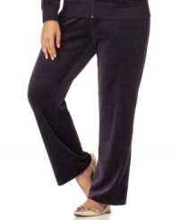 Lounge in the luscious feel of Calvin Klein's plus size velour pants, featuring a drawstring waist. Lounge in the luscious feel of Calvin Klein's plus size velour pants, featuring a drawstring waist.