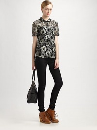Whimsical daisy pattern adds a fresh spin to this lavish lace top. Point collarButton frontShort sleeves with rolled cuffs68% nylon/32% rayonDry cleanImportedModel shown is 5'10 (177cm) wearing US size 2. Whimsical daisy pattern adds a fresh spin to this lavish lace top. Point collarButton frontShort sleeves with rolled cuffs68% nylon/32% rayonDry cleanImportedModel shown is 5'10 (177cm) wearing US size 2.