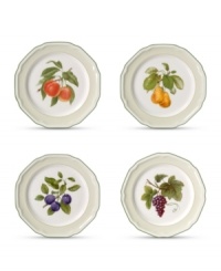 Your table comes to life! Four complementary antique prints add classic character to white porcelain accent plates with evergreen trim. Your table comes to life! Four complementary antique prints add classic character to white porcelain accent plates with evergreen trim.