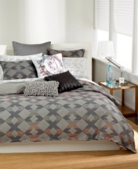 Soothing grey tones combine with pops of color in this Seneca duvet cover from Bar III, featuring a modern geometric diamond pattern for a look of casual style. Soothing grey tones combine with pops of color in this Seneca duvet cover from Bar III, featuring a modern geometric diamond pattern for a look of casual style.