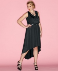 A high-low hem lends a modern edge to Ruby Rox's sleeveless plus size dress, finished by a draped neckline-- all eyes will be on you! (Clearance) A high-low hem lends a modern edge to Ruby Rox's sleeveless plus size dress, finished by a draped neckline-- all eyes will be on you! (Clearance)