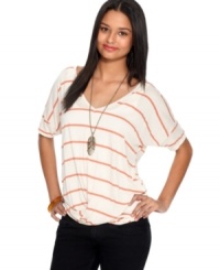 More than ordinary, a twisted detail at the hem adds unexpected edge to this Bar III striped top -- perfect for a casual-cool look! More than ordinary, a twisted detail at the hem adds unexpected edge to this Bar III striped top -- perfect for a casual-cool look!