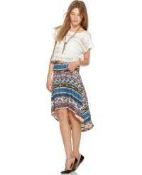 In a hot hi-lo hem, this global geometric-printed Bar III skirt is perfect for a southwestern-inspired look! In a hot hi-lo hem, this global geometric-printed Bar III skirt is perfect for a southwestern-inspired look!