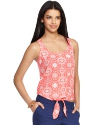 Bar III's sleeveless top features an exotic print and ties at the waist! Bar III's sleeveless top features an exotic print and ties at the waist!