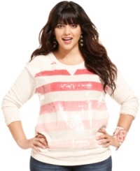 Sequined stripes spotlight American Rag's long sleeve plus size top-- it's so on-trend! Sequined stripes spotlight American Rag's long sleeve plus size top-- it's so on-trend!
