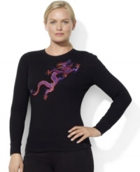 A vibrant embroidered dragon invigorates Lauren Ralph Lauren's soft waffle-knit cotton crewneck with long sleeves and ribbed accents. A vibrant embroidered dragon invigorates Lauren Ralph Lauren's soft waffle-knit cotton crewneck with long sleeves and ribbed accents.
