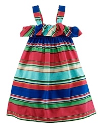 This adorable striped cotton jersey tank dress features a pretty ruffled neckline and a smocked empire waist. This adorable striped cotton jersey tank dress features a pretty ruffled neckline and a smocked empire waist.