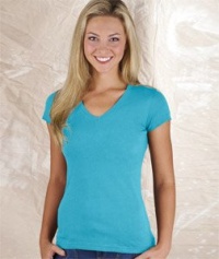 LAT Ladies Junior Fine V-Neck Longer Length Jersey, AQUA, Large LAT Ladies Junior Fine V-Neck Longer Length Jersey, AQUA, Large