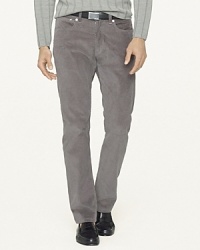 Channeling the stylish comfort of a classic jean with traditional five-pocket styling, a luxuriously soft corduroy pant is expertly tailored for a trim fit and modern aesthetic. Channeling the stylish comfort of a classic jean with traditional five-pocket styling, a luxuriously soft corduroy pant is expertly tailored for a trim fit and modern aesthetic.