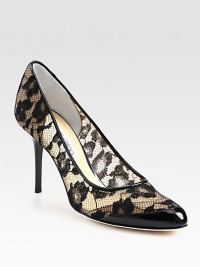Lavish lace pumps with glassy patent leather cap toe and trim. Patent leather heel, 3½ (90mm)Lace and patent leather upperLeather lining and solePadded insoleMade in Italy Lavish lace pumps with glassy patent leather cap toe and trim. Patent leather heel, 3½ (90mm)Lace and patent leather upperLeather lining and solePadded insoleMade in Italy