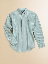 A crisp long-sleeved button-down is rendered in smart, versatile striped cotton.Button-down collarLong sleeves with single-button barrel cuffsButton-frontSplit back yokeShirttail hemCottonMachine washImported Please note: Number of buttons may vary depending on size ordered. 