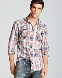 True Religion crafts a super-cool western shirt in a traditional plaid for classic appeal, the perfect complement to a pair of rugged blue jeans. True Religion crafts a super-cool western shirt in a traditional plaid for classic appeal, the perfect complement to a pair of rugged blue jeans.