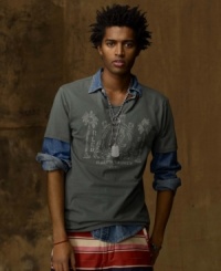 The city meets the sea in this mariner-inspired tee, crafted from soft cotton jersey with a weathered graphic for a look that is both rustic and urban. The city meets the sea in this mariner-inspired tee, crafted from soft cotton jersey with a weathered graphic for a look that is both rustic and urban.