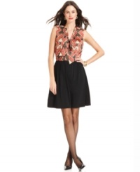 A printed bodice with a tie neckline adds an extra shot of style to this NY Collection dress. A printed bodice with a tie neckline adds an extra shot of style to this NY Collection dress.