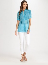 Dyed cotton creates the quintessential backdrop to this cotton voile top. As waist darts ensure a more flawless fit, the pleat and ruched details simulate a modified, feminine tuxedo shirt. Collar neckButton-tab sleevesButton frontPleated frontWaist dartsAbout 27 from shoulder to hemCottonHand washImported of Italian fabric Model shown is 5'11½ (181cm) wearing US size 4. OUR FIT MODEL RECOMMENDS ordering true size. Dyed cotton creates the quintessential backdrop to this cotton voile top. As waist darts ensure a more flawless fit, the pleat and ruched details simulate a modified, feminine tuxedo shirt. Collar neckButton-tab sleevesButton frontPleated frontWaist dartsAbout 27 from shoulder to hemCottonHand washImported of Italian fabric Model shown is 5'11½ (181cm) wearing US size 4. OUR FIT MODEL RECOMMENDS ordering true size.