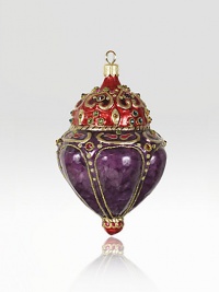 The Heritage of Jay Strongwater began as the bejeweled frame with beautiful stone settings and scrolls, becoming the source of inspiration for this season's new glass ornament collection. This ornament is mouth blown and decorated in Poland with a wonderful team of old world craftsmen. Detailed with crystals, hand applied jewel tone colors and scrolls as if it were a fine piece of jewelry.GlassCrystalMouth blownHand-painted and hand-set4.75H X 2.75W X 2.75DImported The Heritage of Jay Strongwater began as the bejeweled frame with beautiful stone settings and scrolls, becoming the source of inspiration for this season's new glass ornament collection. This ornament is mouth blown and decorated in Poland with a wonderful team of old world craftsmen. Detailed with crystals, hand applied jewel tone colors and scrolls as if it were a fine piece of jewelry.GlassCrystalMouth blownHand-painted and hand-set4.75H X 2.75W X 2.75DImported
