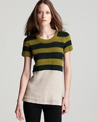 A cozy cotton knit takes on summer style--this striped and crocheted Burberry Brit sweater blends sporty style with casual elegance. A cozy cotton knit takes on summer style--this striped and crocheted Burberry Brit sweater blends sporty style with casual elegance.