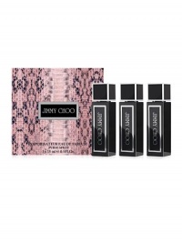 A trio of three purse sprays filled with the glamorous and sensual fragrance of Jimmy Choo Eau de Parfum. Small and practical, the perfect accessory for the modern on-the-go woman! Made in Italy. .5 oz. each. A trio of three purse sprays filled with the glamorous and sensual fragrance of Jimmy Choo Eau de Parfum. Small and practical, the perfect accessory for the modern on-the-go woman! Made in Italy. .5 oz. each.