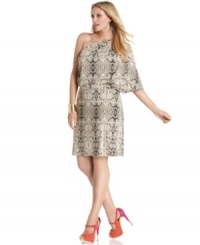 The exotic print and blouson-style fit make this plus size Jessica Simpson dress totally eye-catching. Wear with your highest heels and a pair of drop earrings to glam it up. The exotic print and blouson-style fit make this plus size Jessica Simpson dress totally eye-catching. Wear with your highest heels and a pair of drop earrings to glam it up.