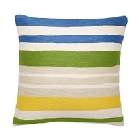 Bright, bold stripes in watercolor hues stream across this hand-embroidered decorative pillow. Bright, bold stripes in watercolor hues stream across this hand-embroidered decorative pillow.