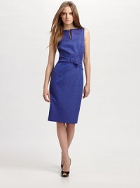 Modern notch neckline and bow details give this textured creation an edgy feel. Notched boatneck Sleeveless Bow detail Waist darts Back zipper About 24 from natural waist Fully lined 54% polyester/46% rayon Dry clean Made in the USAOUR FIT MODEL RECOMMENDS ordering true size. Modern notch neckline and bow details give this textured creation an edgy feel. Notched boatneck Sleeveless Bow detail Waist darts Back zipper About 24 from natural waist Fully lined 54% polyester/46% rayon Dry clean Made in the USAOUR FIT MODEL RECOMMENDS ordering true size.