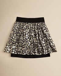 Blending textured gold and silver tones over a solid base, Aqua's elastic-waist dot skirt is totally on-trend and effortlessly chic. Blending textured gold and silver tones over a solid base, Aqua's elastic-waist dot skirt is totally on-trend and effortlessly chic.