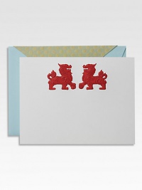At the gates of Chinese palaces and temples sit the Guardian Lions, one male, one female, who protect the dwelling and those inside from all things pernicious. Perfect accent for this set of flat cards. Set of 8 cards and envelopesApprox. 4½ X 6 Made in USA At the gates of Chinese palaces and temples sit the Guardian Lions, one male, one female, who protect the dwelling and those inside from all things pernicious. Perfect accent for this set of flat cards. Set of 8 cards and envelopesApprox. 4½ X 6 Made in USA