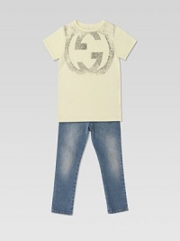 Slim-cut denim with just a hint of stretch for comfort, in a perfectly faded wash with back leather logo.Front button closureAdjustable waistband with belt loopsZip fly5-pocket styleInterlocking G embroidery on 5th pocket98% cotton/2% elastamLeather label on back pocketDry cleanMade in Italy Slim-cut denim with just a hint of stretch for comfort, in a perfectly faded wash with back leather logo.Front button closureAdjustable waistband with belt loopsZip fly5-pocket styleInterlocking G embroidery on 5th pocket98% cotton/2% elastamLeather label on back pocketDry cleanMade in Italy