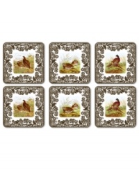 Bring the classic style of the English countryside to your table with Woodland coasters. Pheasant, quail and other game birds are illustrated in great detail and framed by Spode's 1828 British flowers border on heat-resistant cork. Bring the classic style of the English countryside to your table with Woodland coasters. Pheasant, quail and other game birds are illustrated in great detail and framed by Spode's 1828 British flowers border on heat-resistant cork.