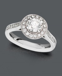 For the always-unique bride-to-be. This beautiful engagement ring features a vintage flair that differs from your average ring. Ring features a round-cut center diamond surrounded by a halo of diamonds and a row of diamonds at each shoulder (1-1/4 ct. t.w.). Ring crafted in 14k white gold. For the always-unique bride-to-be. This beautiful engagement ring features a vintage flair that differs from your average ring. Ring features a round-cut center diamond surrounded by a halo of diamonds and a row of diamonds at each shoulder (1-1/4 ct. t.w.). Ring crafted in 14k white gold.