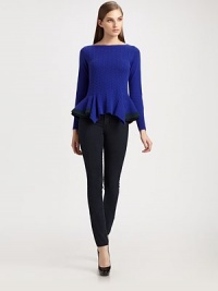 Fine-knit cables and a ruffled peplum elevate this pullover design.Rib-knit boatneckLong sleeves with rib-knit cuffsRuffled, rib-knit peplum60% wool/40% rayonDry cleanImportedModel shown is 5'10½ (179cm) wearing US size Small. Fine-knit cables and a ruffled peplum elevate this pullover design.Rib-knit boatneckLong sleeves with rib-knit cuffsRuffled, rib-knit peplum60% wool/40% rayonDry cleanImportedModel shown is 5'10½ (179cm) wearing US size Small.