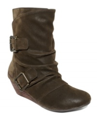 Ruche detailing on the shaft of Blowfish's Castana wedge booties gives this cute little pair an added sense of texture and style. Ruche detailing on the shaft of Blowfish's Castana wedge booties gives this cute little pair an added sense of texture and style.