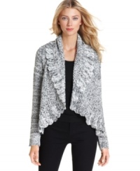 Grace Elements' marled sweater looks chilly-chic with a scalloped shawl collar and modern fit. Grace Elements' marled sweater looks chilly-chic with a scalloped shawl collar and modern fit.