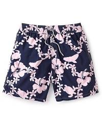 Life's a beach for Vilebrequin, the premier men's swimwear designer, as exemplified by these cool surfer swim trunks featuring a traditional Hawaiian floral pattern for classic appeal. Life's a beach for Vilebrequin, the premier men's swimwear designer, as exemplified by these cool surfer swim trunks featuring a traditional Hawaiian floral pattern for classic appeal.